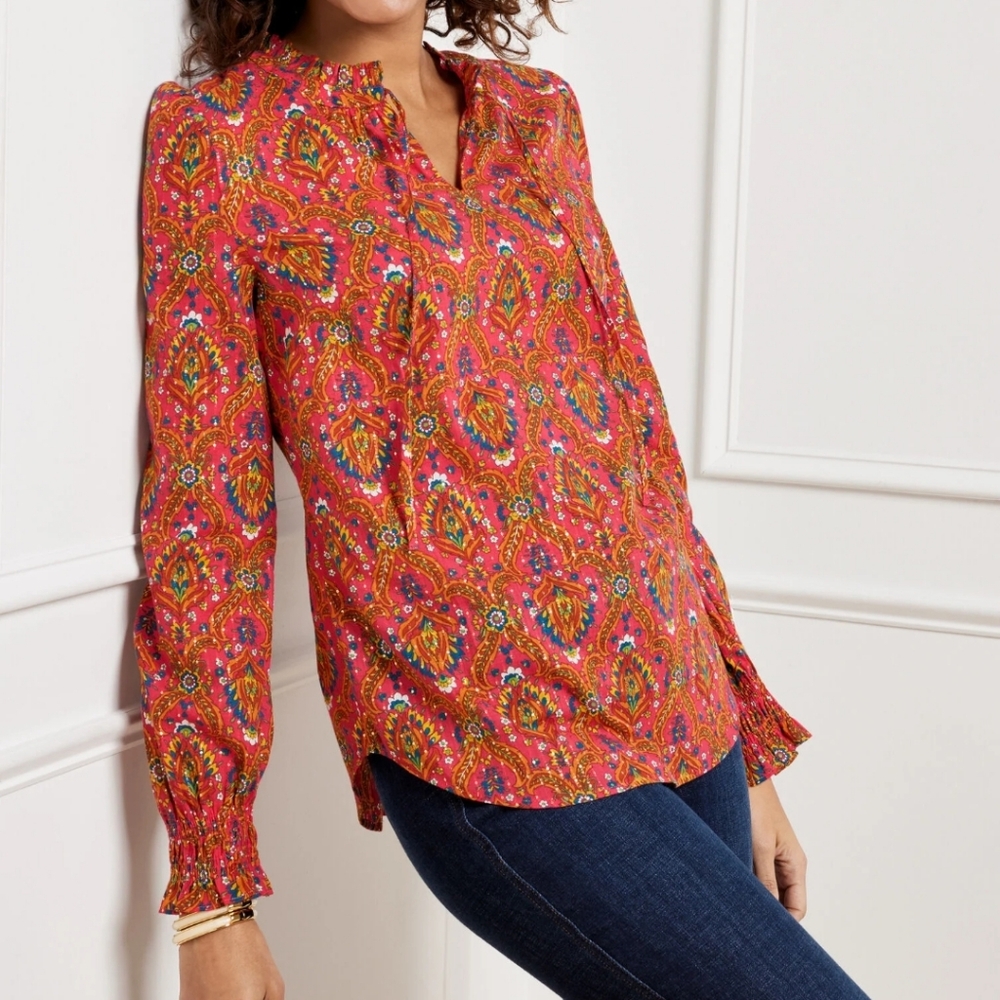 Talbots Floral Lattice Blouse Lightweight Multicolor Metallic Long Sleeve Size M - Picture 4 of 15